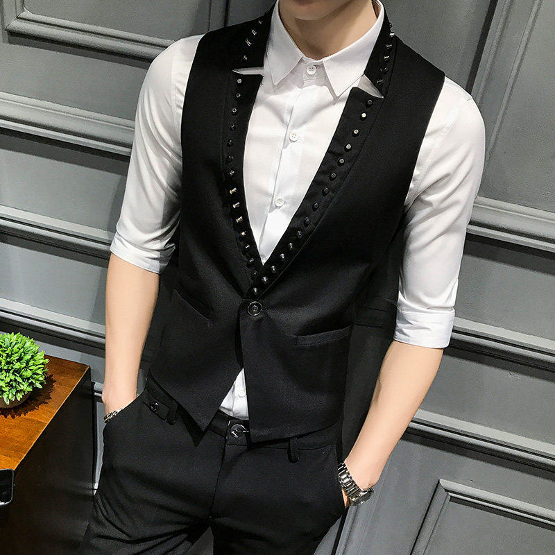 LP782-男潮领铆钉装饰朋克风一粒扣马甲表演休闲马甲P50,男装背心/马甲,星座717A