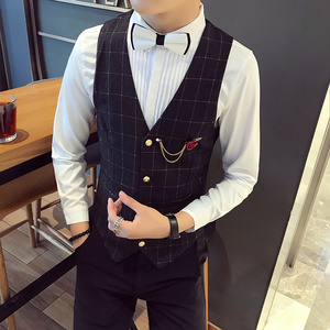 S8710-春季V领大格子休闲马甲工装KTV夜店酒吧马甲工作服P50图片