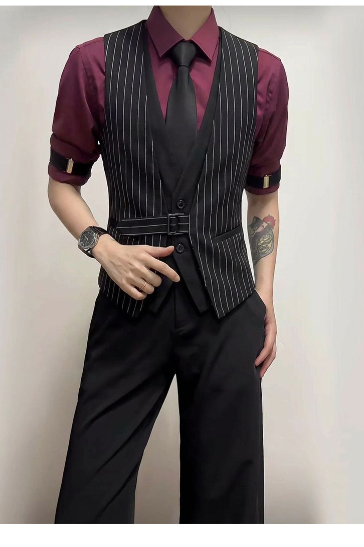 QS805*竖条纹假两件型男短款V领短马甲P50,男装背心/马甲,星座717A