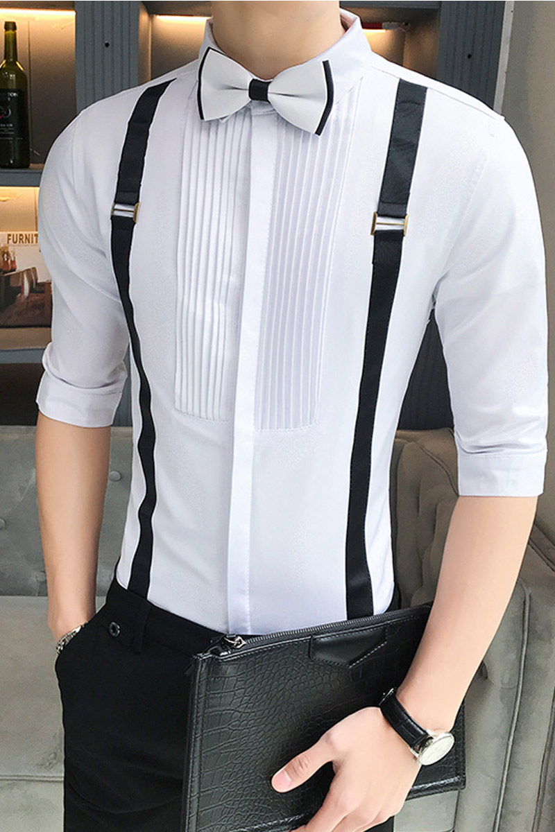 LT077-2024新款背带宫廷风潮男七分袖衬衫复古中袖衬衣P50,男装衬衫,星座717A