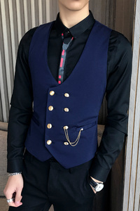 LP734-金属双排扣V领短款男马甲外套休闲马甲服务员马甲工作服P50图片