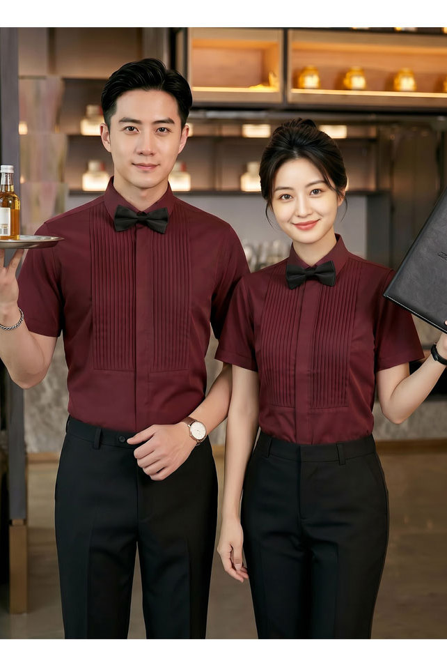 GZ143*法式酒红色耐脏纯色酒店餐厅KTV夏季工作服男女同款P45,男装衬衫,星座717A