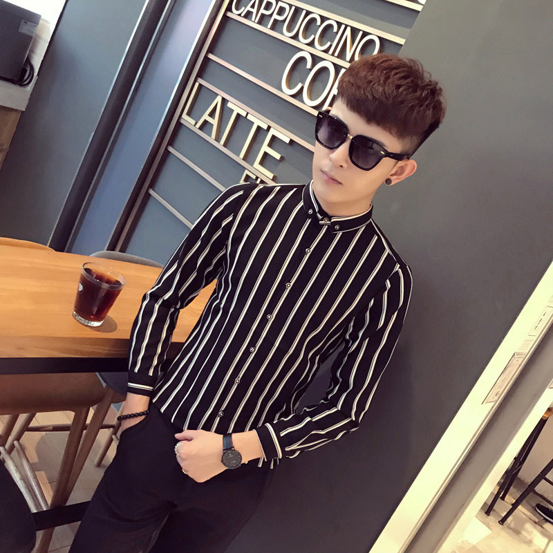 SC005-春季新款男学生青年寸衣大码发型师条纹衬衫工作服P45,男装衬衫,星座717A