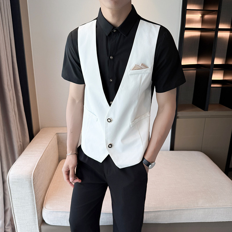 LT1001*双排扣男马甲衬衫两件套短袖衬衣KTV西餐厅服务员工装P55,男装衬衫,星座717A
