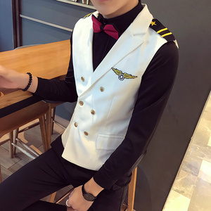 S8758-四色翻领双排扣男马甲工装时尚男潮空少服马甲大码P50图片