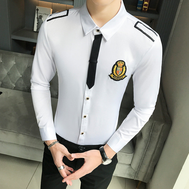 LT104-学院风男领带装饰长袖衬衫夜店酒吧KTV青年衬衣P50,男装衬衫,星座717A