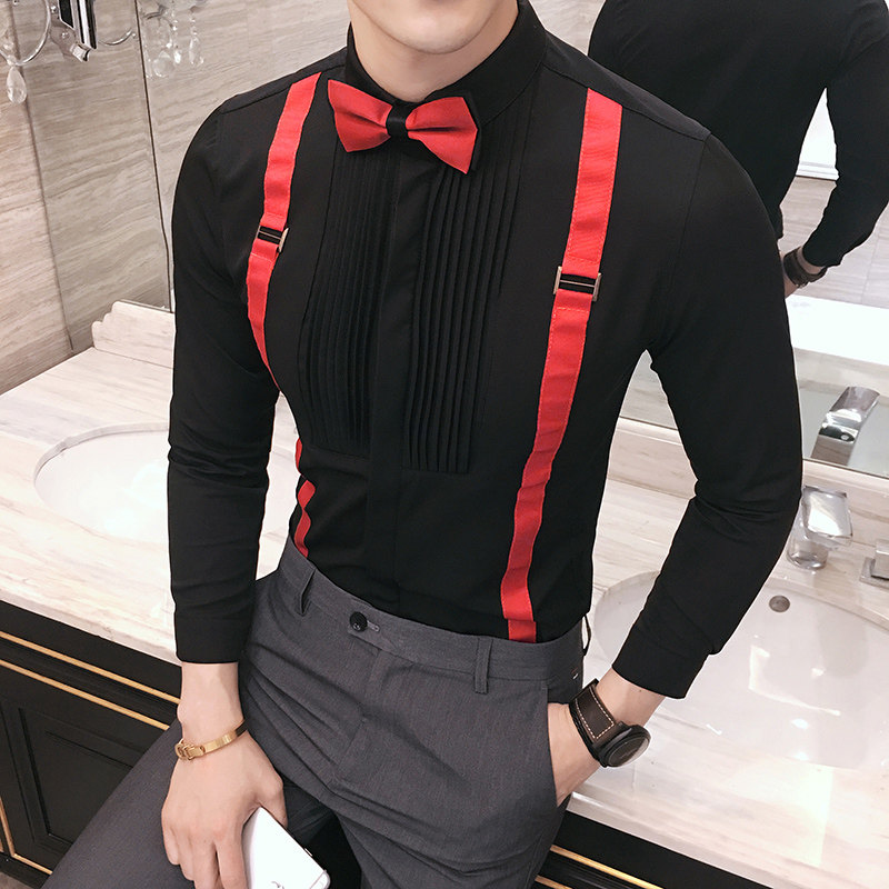 YC017-经典拉条背带潮男长袖衬衫正装衬衣伴郎衬衣酒吧工作服P50,男装衬衫,星座717A