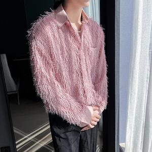 QS091*新款宽松韩舞台装小众羽毛流苏夜店男歌手长袖衬衫男P65图片