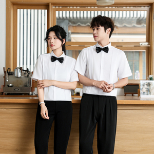 QC144*男女款褶皱简约法式伴郎服餐厅酒店酒吧短袖工作服P40图片