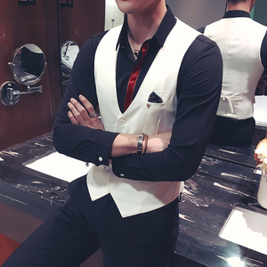 Y8731-W胸襟装饰男韩版休闲马甲外套 理发师服务员工作服大码P48图片