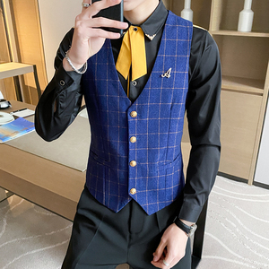 8752*休闲格子马甲定制印字LOGO服务员工作服P50图片