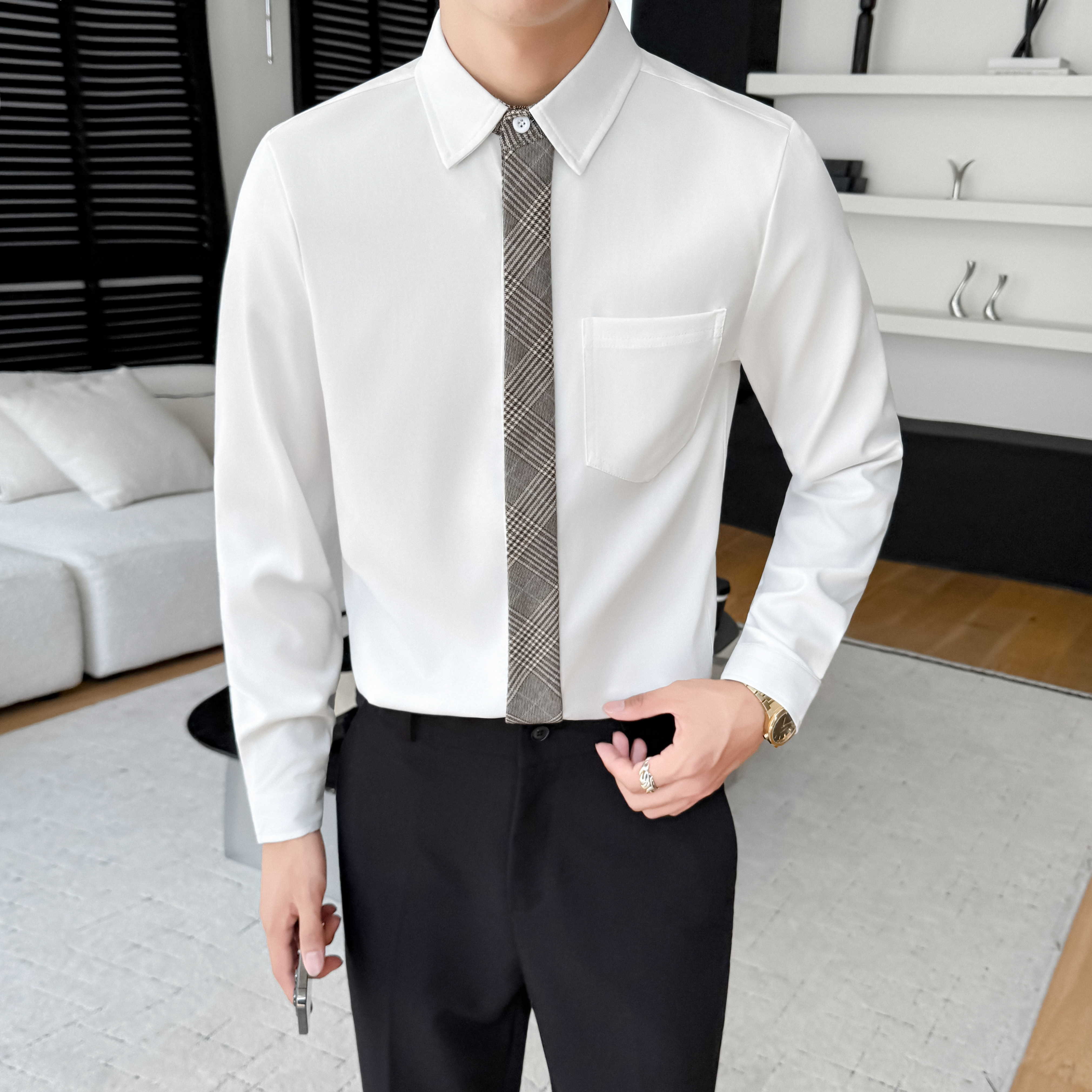 LT201*痞帅衬衫格子领带装饰男潮流韩版修身帅气长袖衬衣工服P55,男装衬衫,星座717A