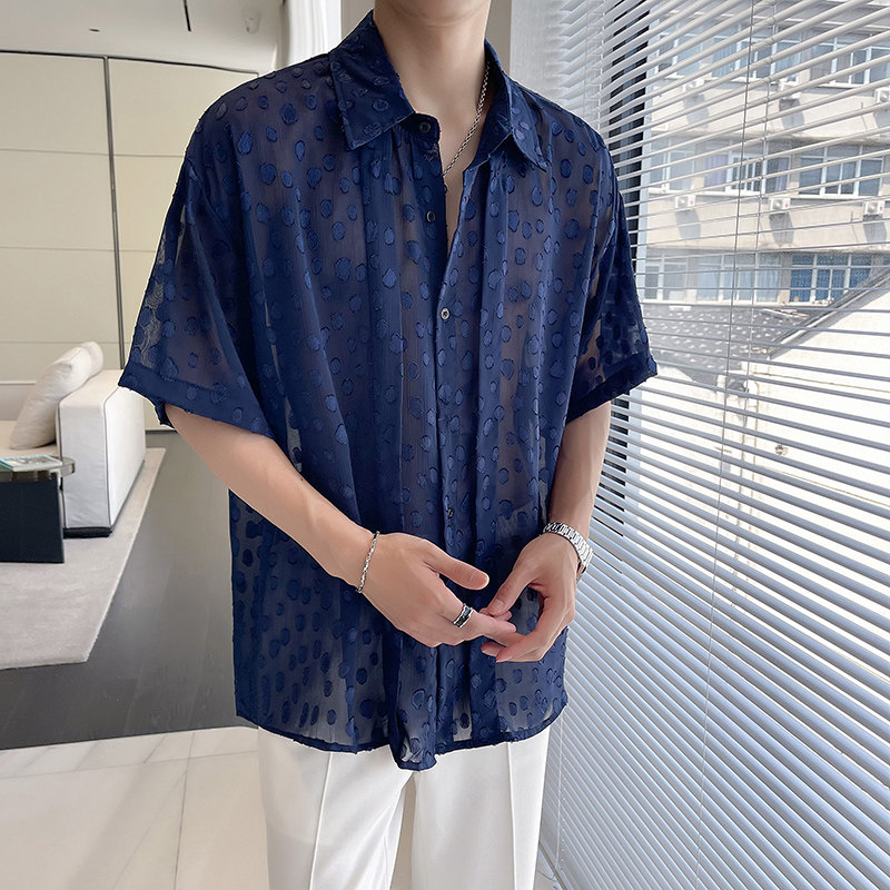 QS065*宽松镂空小众个性半袖短袖衬衫中性那不勒斯男薄衬衣P65,男装衬衫,星座717A