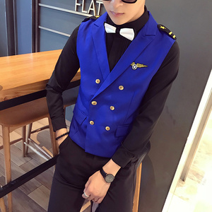 S8758-V四色翻领双排扣男马甲工装时尚男潮空少服马甲大码P50图片