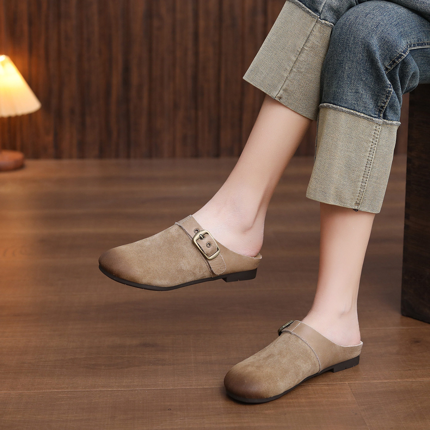 头层牛皮勃肯半拖女春夏懒人外穿一脚蹬包头拖鞋平底软底博肯拖鞋