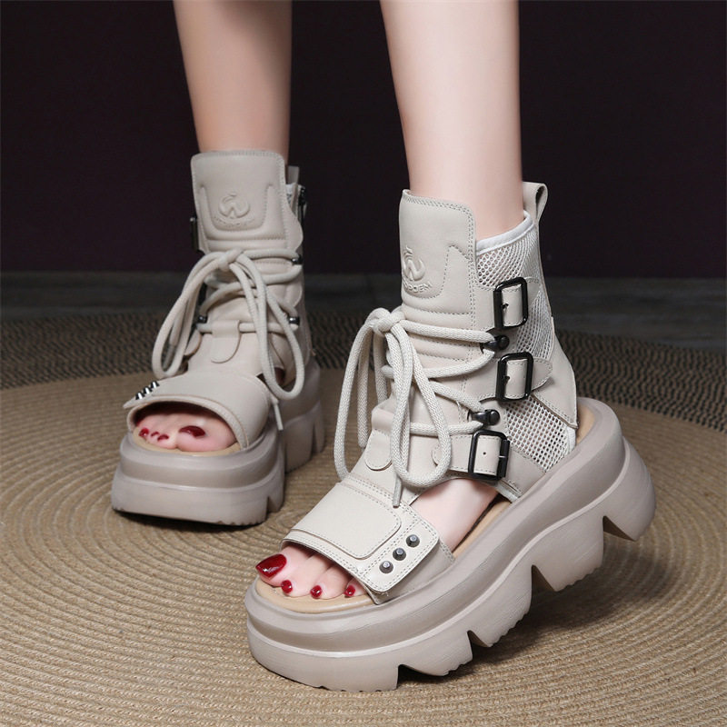 超酷厚底罗马凉靴女真皮复古高帮网纱透气马丁靴夏季松糕镂空凉鞋