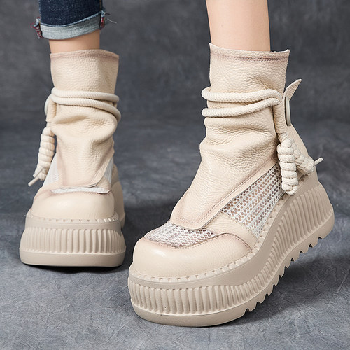 春夏复古真皮凉靴女松糕透气网靴