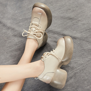 头层牛皮春秋厚底松糕女鞋真皮复古百搭擦色粗跟单鞋系带休闲皮鞋