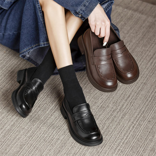 真皮厚底乐福鞋一脚蹬圆头小皮鞋女款粗跟软底中老年人单鞋妈妈鞋
