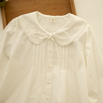 系带娃娃领风琴褶白色长袖衬衫女