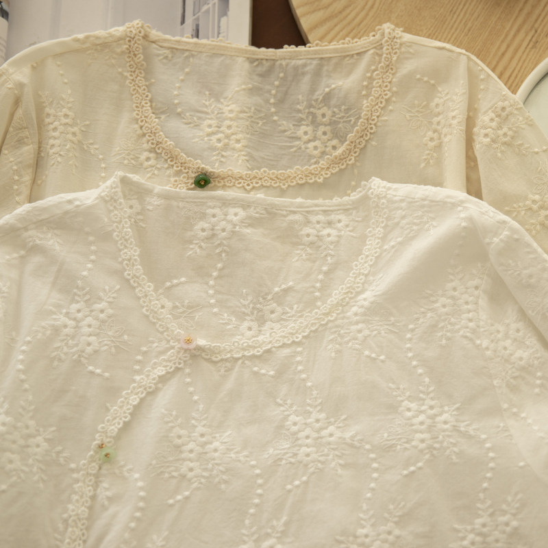 橙心 夏新中式中国风汉服刺绣纯棉衬衫女气质宽松斜门襟中袖衬衣