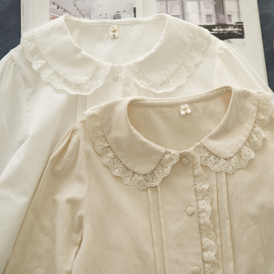 蕾丝花边领百搭长袖纯色衬衫女