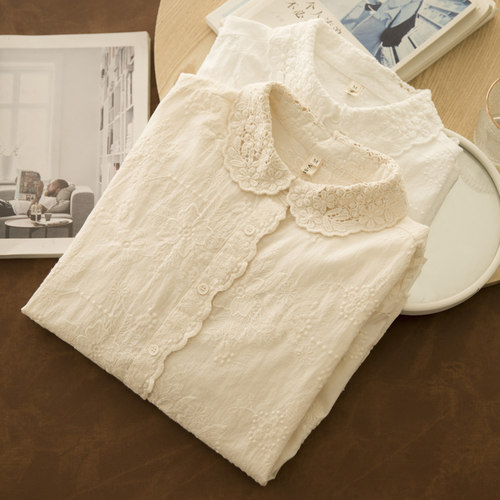 日系翻领甜美衬衫女长袖刺绣