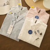 通勤纯色蓝白条纹休闲打底衬衣女 职业装 自愈 全棉牛津纺白衬衫