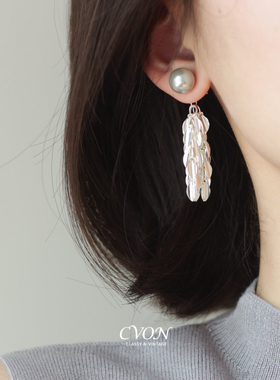 CVON落叶珍珠流苏耳环耳饰长款清冷感灰色银色显脸小女可拆卸耳钉