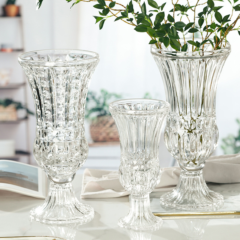 北欧简约浮雕大号高脚玻璃花瓶