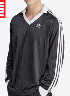 Adidas三叶草男女同款经典足球风运动V领休闲POLO衫长袖T恤IZ4808
