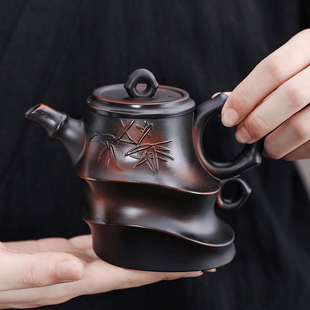 纯手工茶壶家用复古大号紫陶壶茶具礼品 紫陶斜竹壶大容量中式