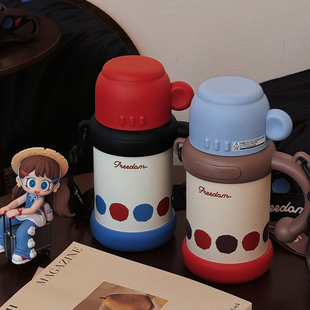 创意美拉德保温杯女生高颜值复古文艺背带便携大容量不锈钢水杯子