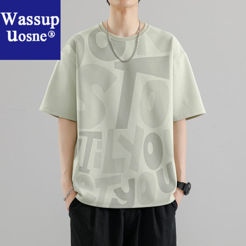 Wassup Uosne夏季潮流港风男装印花圆领短袖T恤胖男士加肥加大码
