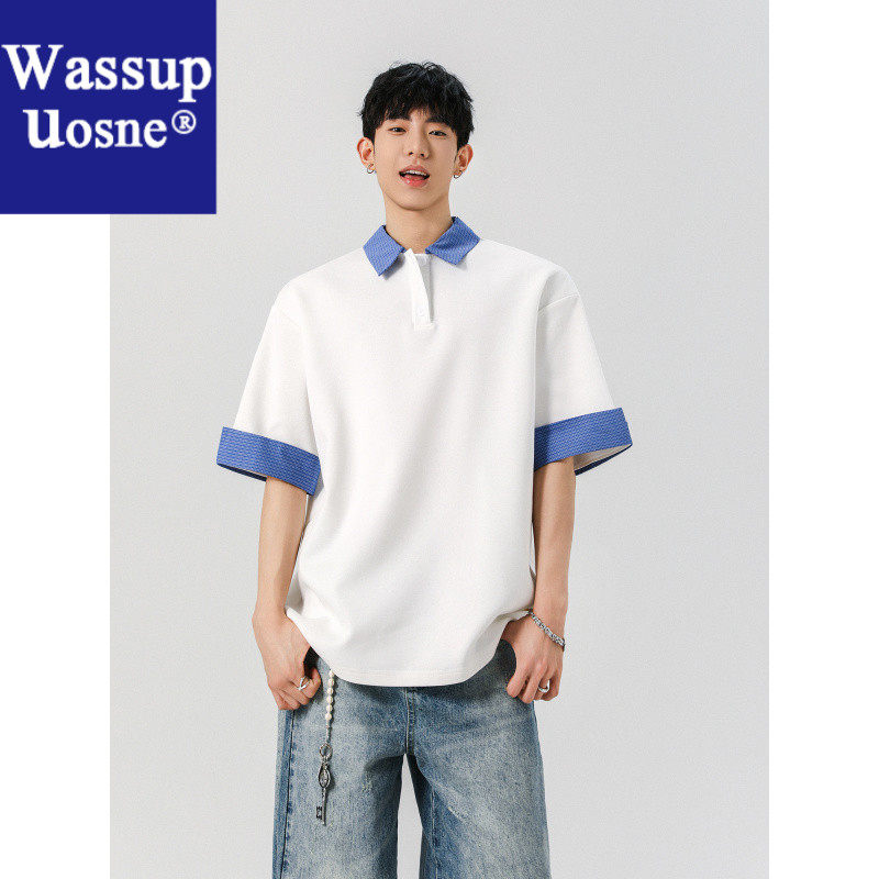 Wassup UosnePOLOS衫领短袖领口彩条拼色中袖休闲学院风t恤男士百