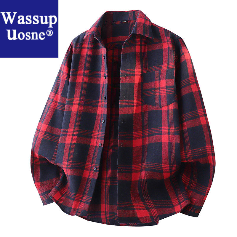 Wassup Uosne春秋长袖休闲格子衬衫男士宽松6080岁夏季免烫痞帅