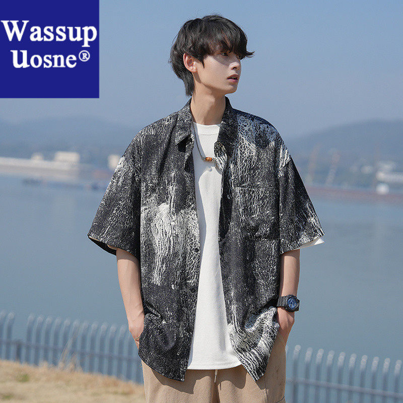 Wassup Uosne休闲百搭港风夏威夷短袖衬衫男大码情侣装寸衫潮牌男