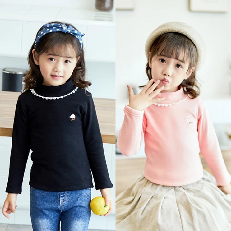 冬女童卡通动物刺绣花边高领一体加绒打底衫儿童超柔加厚T恤上衣