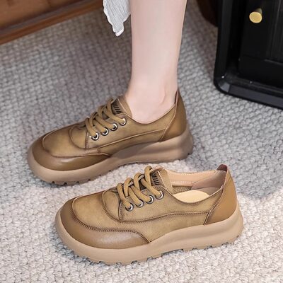 秋冬新款牛皮真皮软底休闲防滑妈妈鞋中老年舒适不累脚系带女单鞋