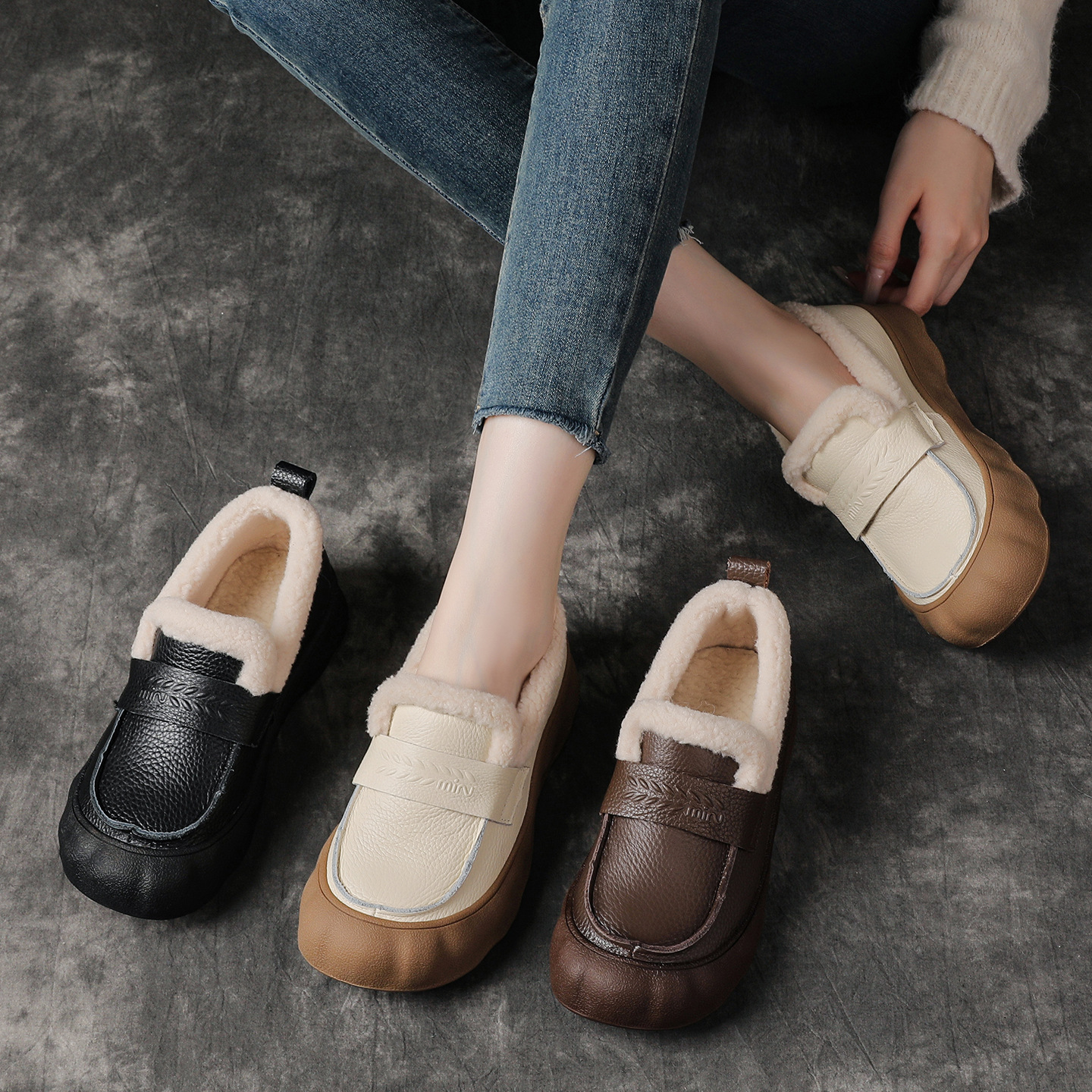 头层牛皮加绒乐福鞋松糕厚底真皮棉鞋时尚百搭冬款保暖防滑妈妈鞋