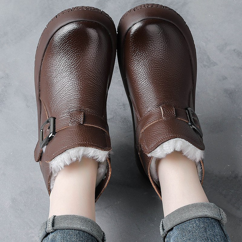 全牛皮冬季新款短靴防滑保暖羊毛靴女松糕厚底妈妈鞋真皮棉鞋棉靴