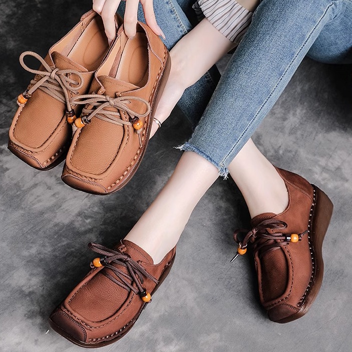 舒适防滑牛筋软底软牛皮中老年坡跟妈妈鞋秋季新款真皮复古女鞋