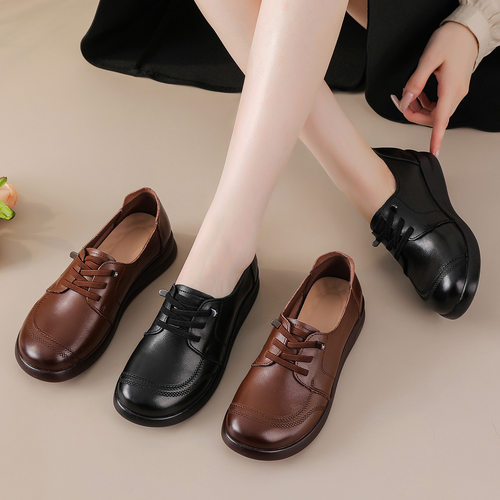 春秋季舒适头层牛皮牛筋底防滑妈妈鞋中老年舒适不累脚软底单鞋女