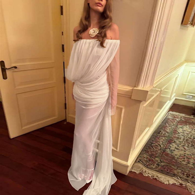 thumbnail for Cross-border, Europe and the United States, spring/summer 2026, new beach sexy mesh solid color one-shoulder see-through long-sleeved dress for women