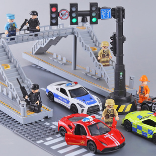 儿童公路场景摆件灯光红绿灯仿真微型交通路口人行天桥小警车模型