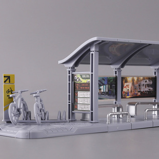 仿真巴士站台儿童红绿灯交通车站场景摆件惯性出租车声光玩具车