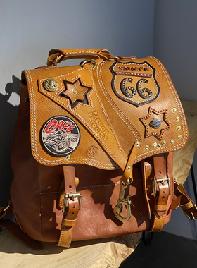 手工重磅机车植鞣牛皮双肩包男款真皮背包复古大包休闲旅行包潮包