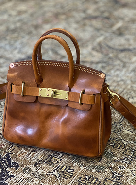 高颜值~！手工缝制复古铂金包女斜挎包植鞣牛皮包单肩包真皮女包