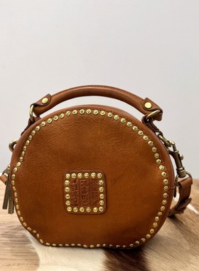 植鞣牛皮洗水做旧女包个性圆饼包软皮包女真皮斜挎小包纯皮单肩包
