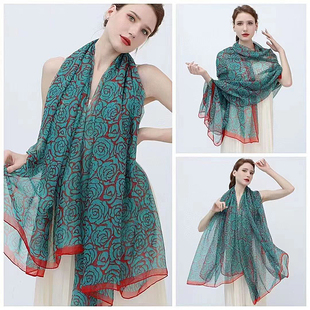 新款韩版优柔纱玫瑰花丝巾女时尚洋气防晒空调披肩旅游拍照沙滩巾